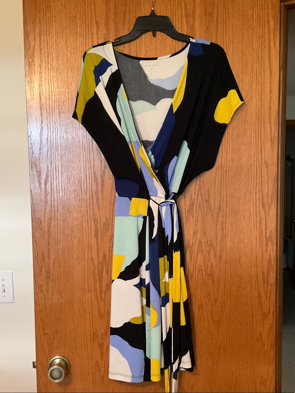 Nine West Black Abstract Print Faux Wrap Dress with Yellow & Blue Accents